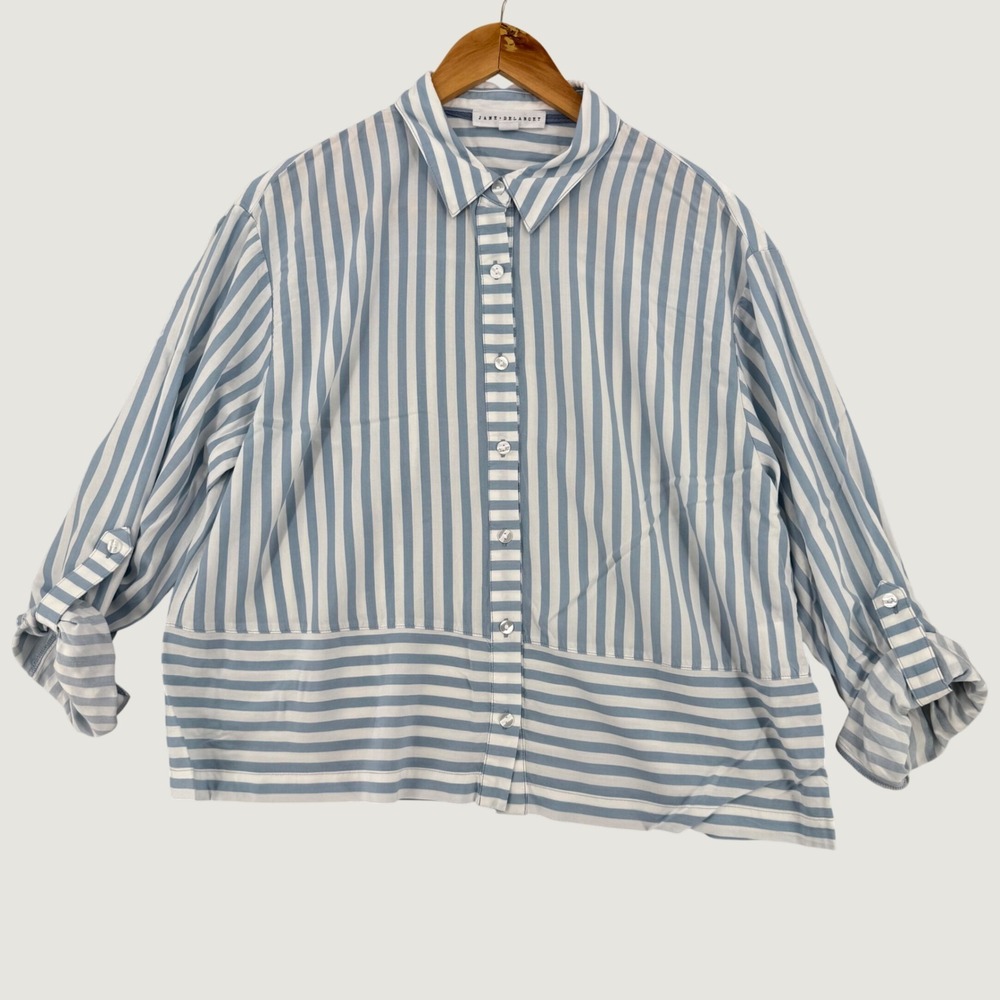 Jane + Delancey Shirt Womens Large Blue White Striped Rayon Button Up Roll Tab